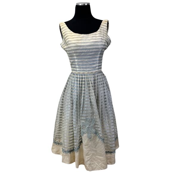 1950s Ice Blue Organza Party Dress with Appliqué – Sheer Stripe Full Skirt AS-IS - Picture 1 of 16